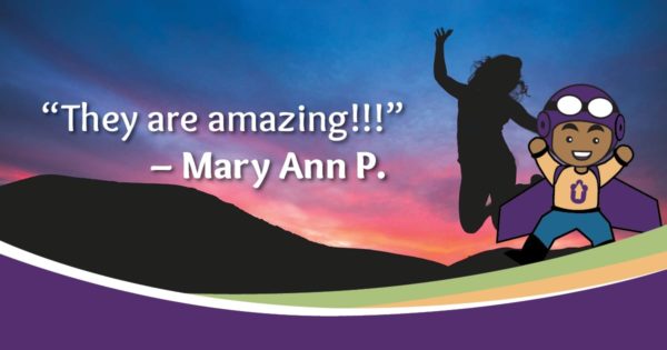 upward andy against a mountain background and a figure jumping for joy. "they are amazing!!!" - Mary Ann P.