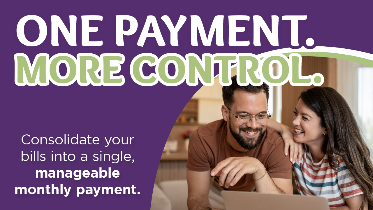 Smiling couple using a laptop at home, surrounded by text: "One Payment. More Control." Emphasizes consolidating bills into one payment. Purple background.