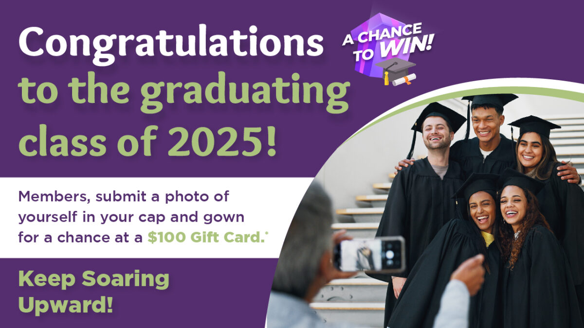 Graduating students in caps and gowns posing for a group photo, promoting a 2025 graduation giveaway to win a $100 gift card by submitting cap and gown photos. Graduation celebration and student contest announcement.