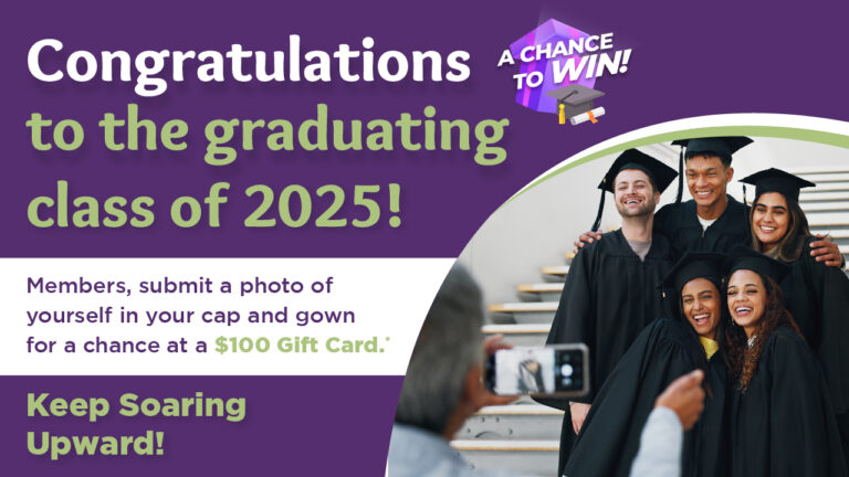 Graduating students in caps and gowns posing for a group photo, promoting a 2025 graduation giveaway to win a $100 gift card by submitting cap and gown photos. Graduation celebration and student contest announcement.